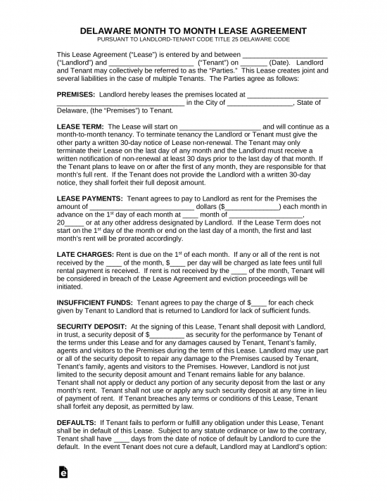 delaware month to month rental agreement template eforms