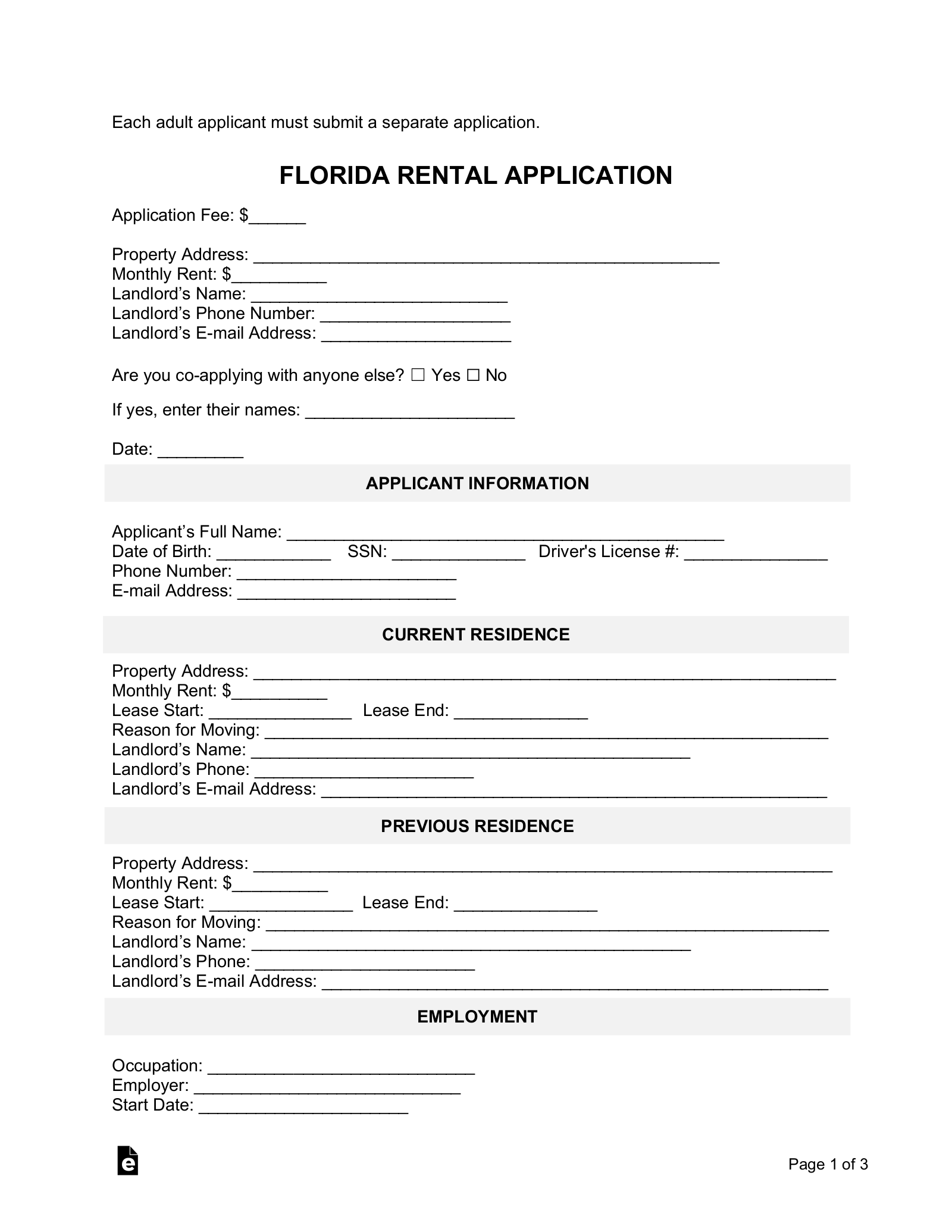 Free Florida Rental Application Template Pdf Word Eforms 9450