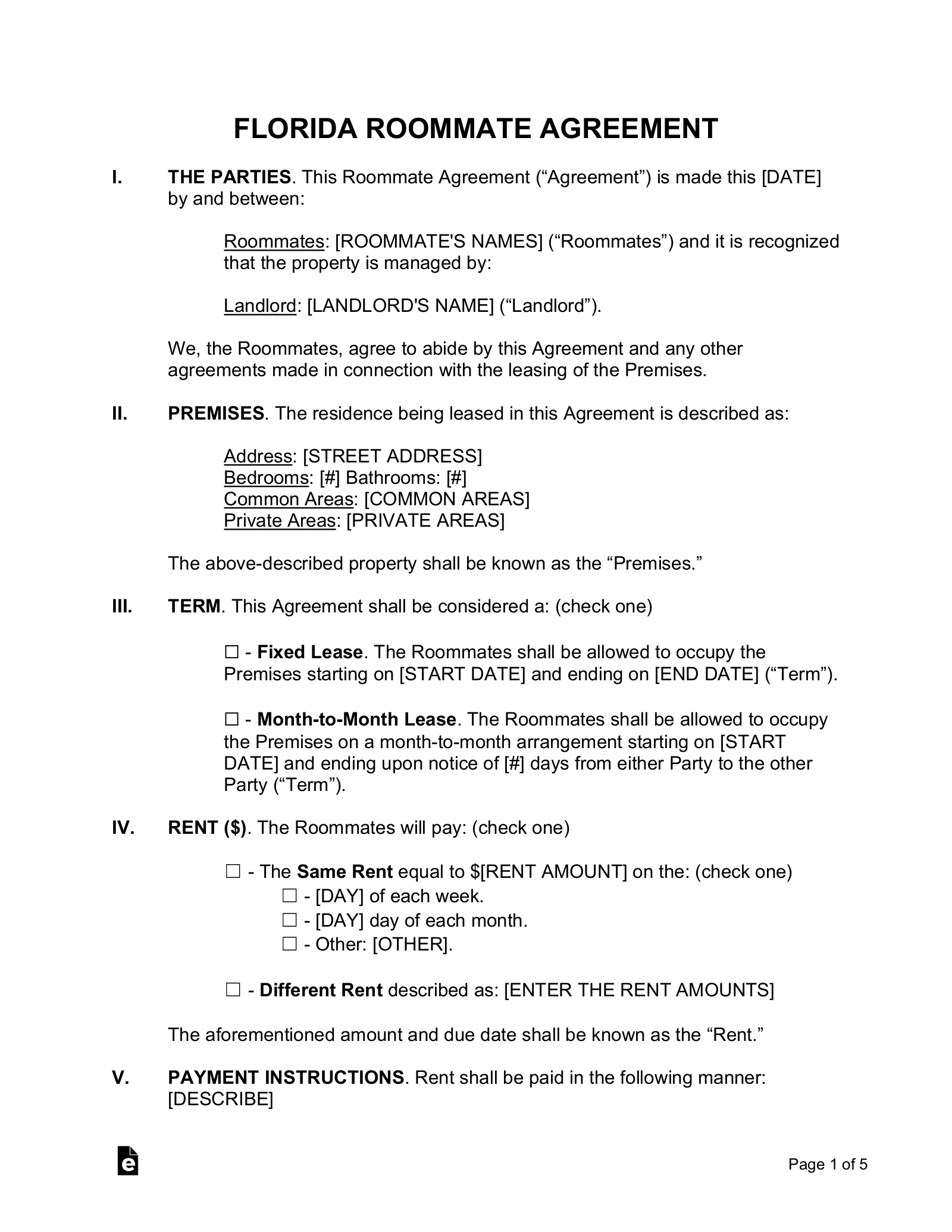 Free Florida Roommate Agreement Template PDF Word EForms