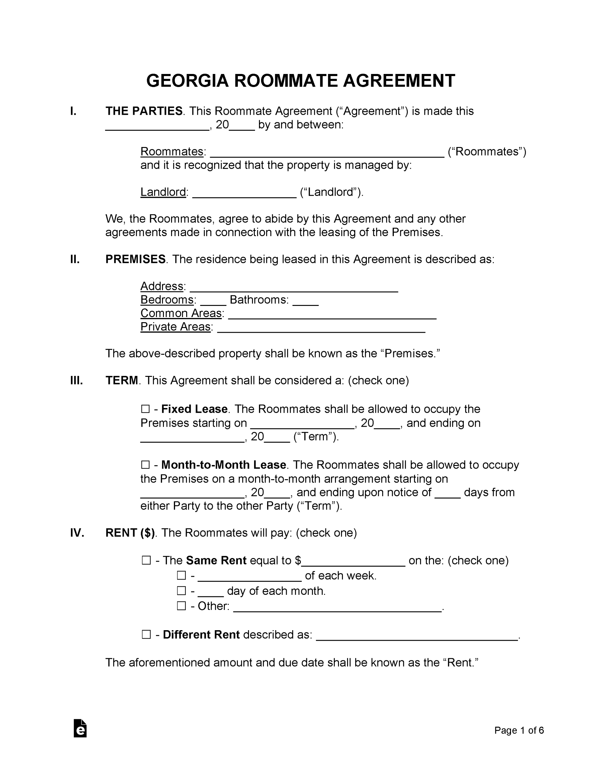 Georgia Roommate Agreement Template