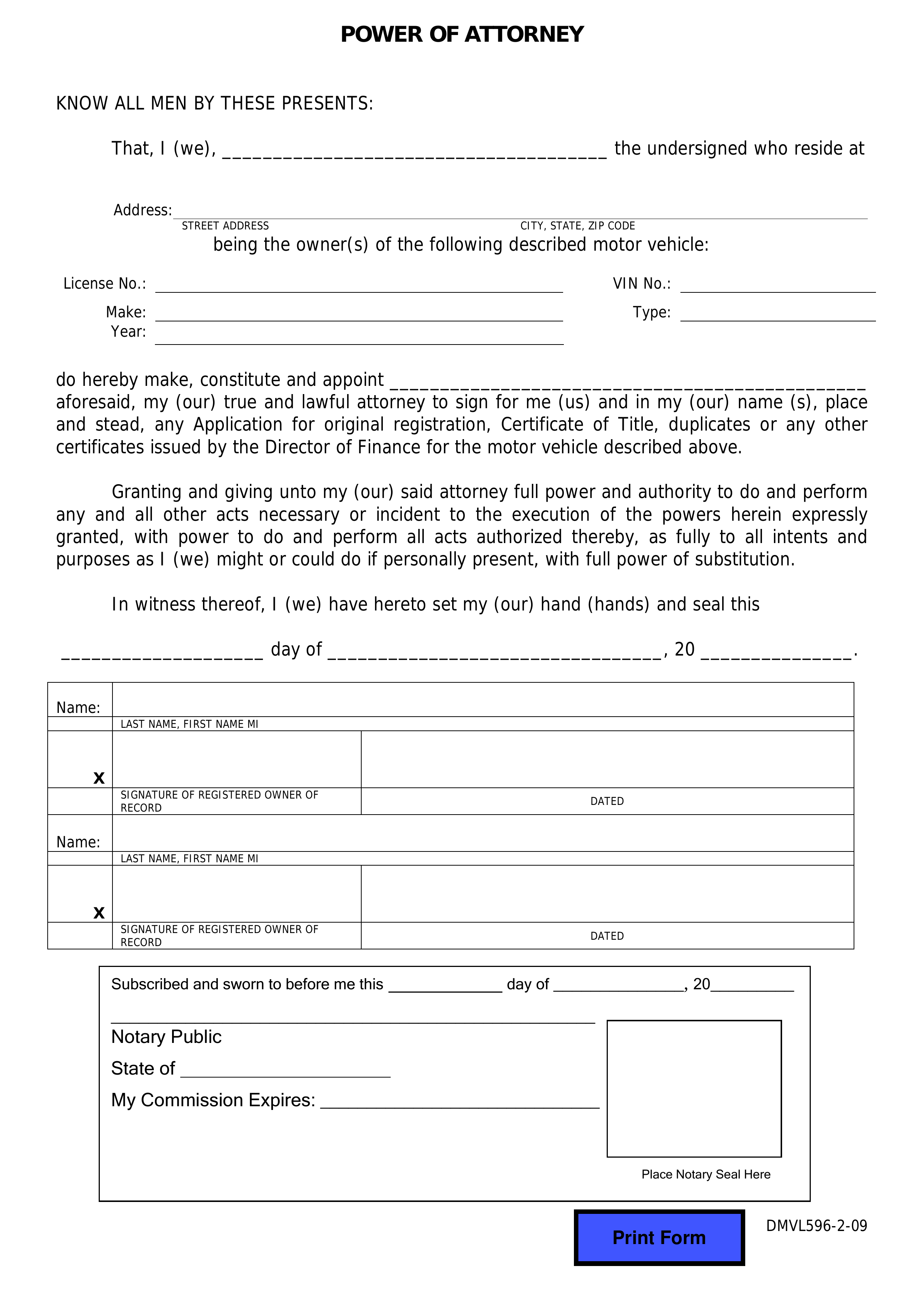 Hawaii Motor Vehicle Power of Attorney (Form DMVL596-2-09)