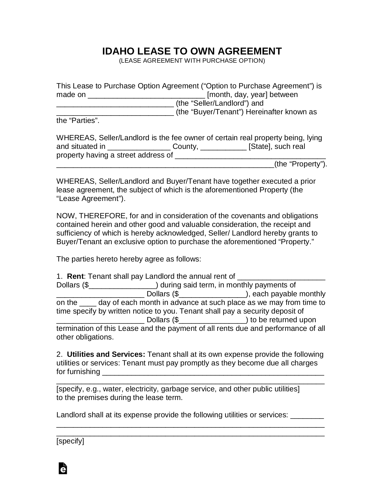 Idaho Rent-to-Own Lease Agreement