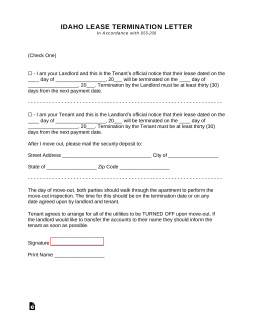 Idaho Termination Lease Termination Letter Form – 30 Day Notice