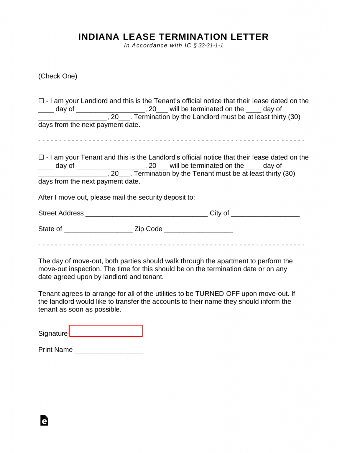 Free Indiana Lease Termination Letter Form | 30-Day Notice - PDF | Word ...