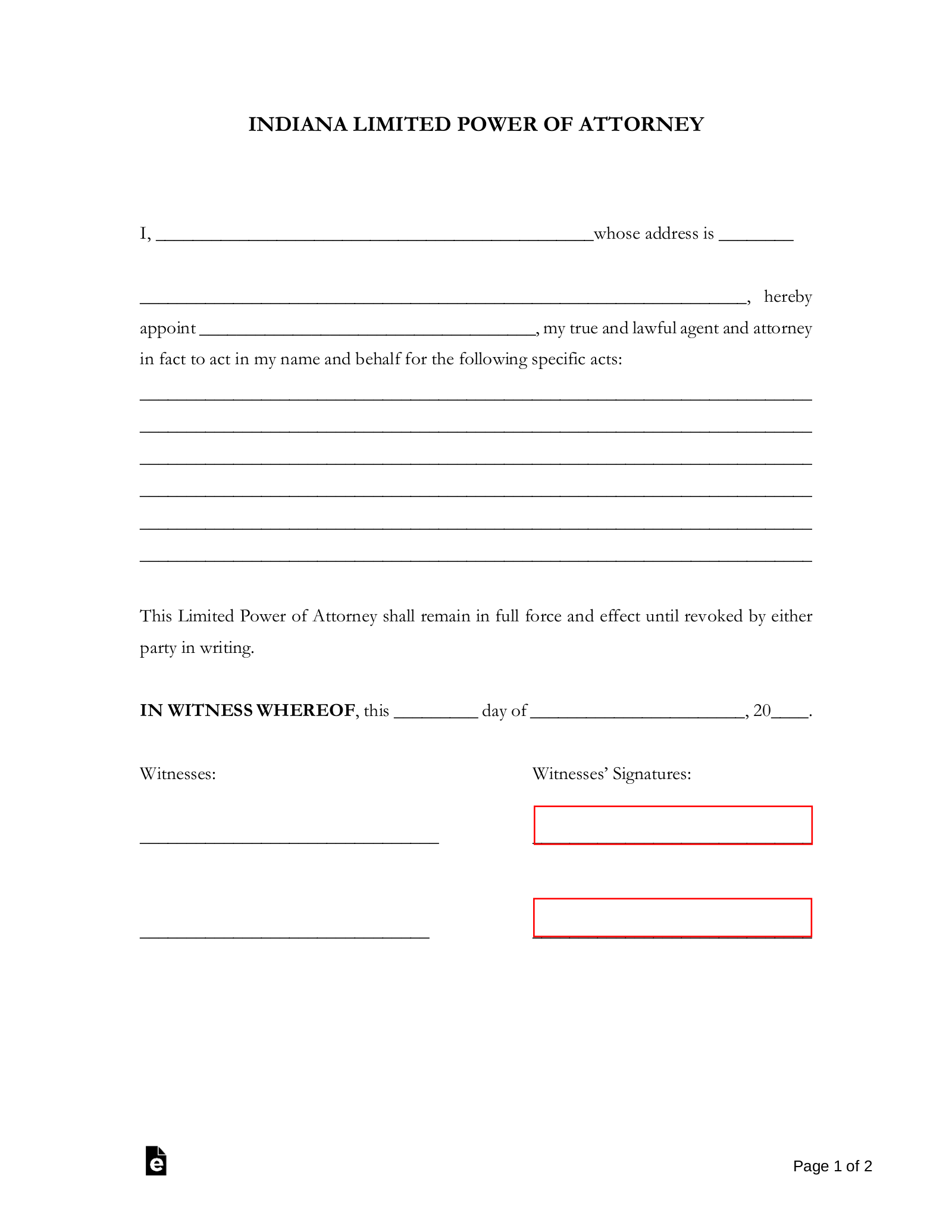 Free Indiana Limited Power Of Attorney Form PDF Word EForms