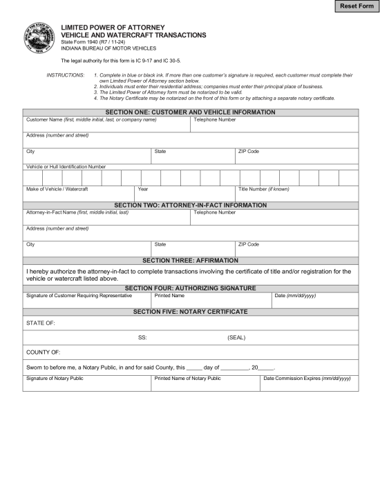 Indiana Vehicle Power of Attorney Form