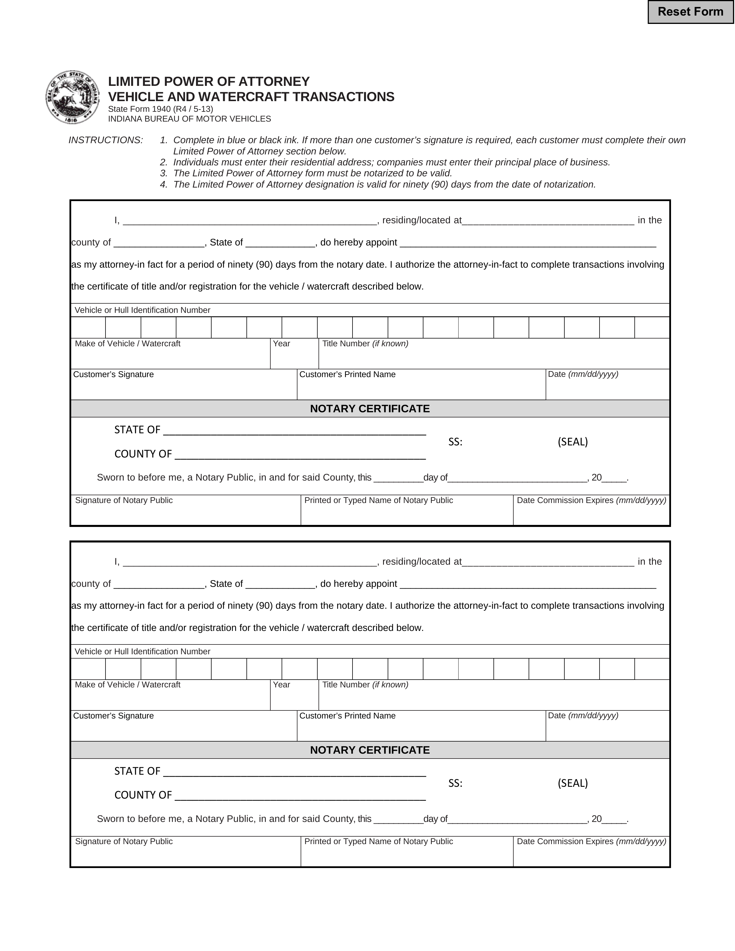 Indiana Motor Vehicle Power of Attorney (Form 01940)