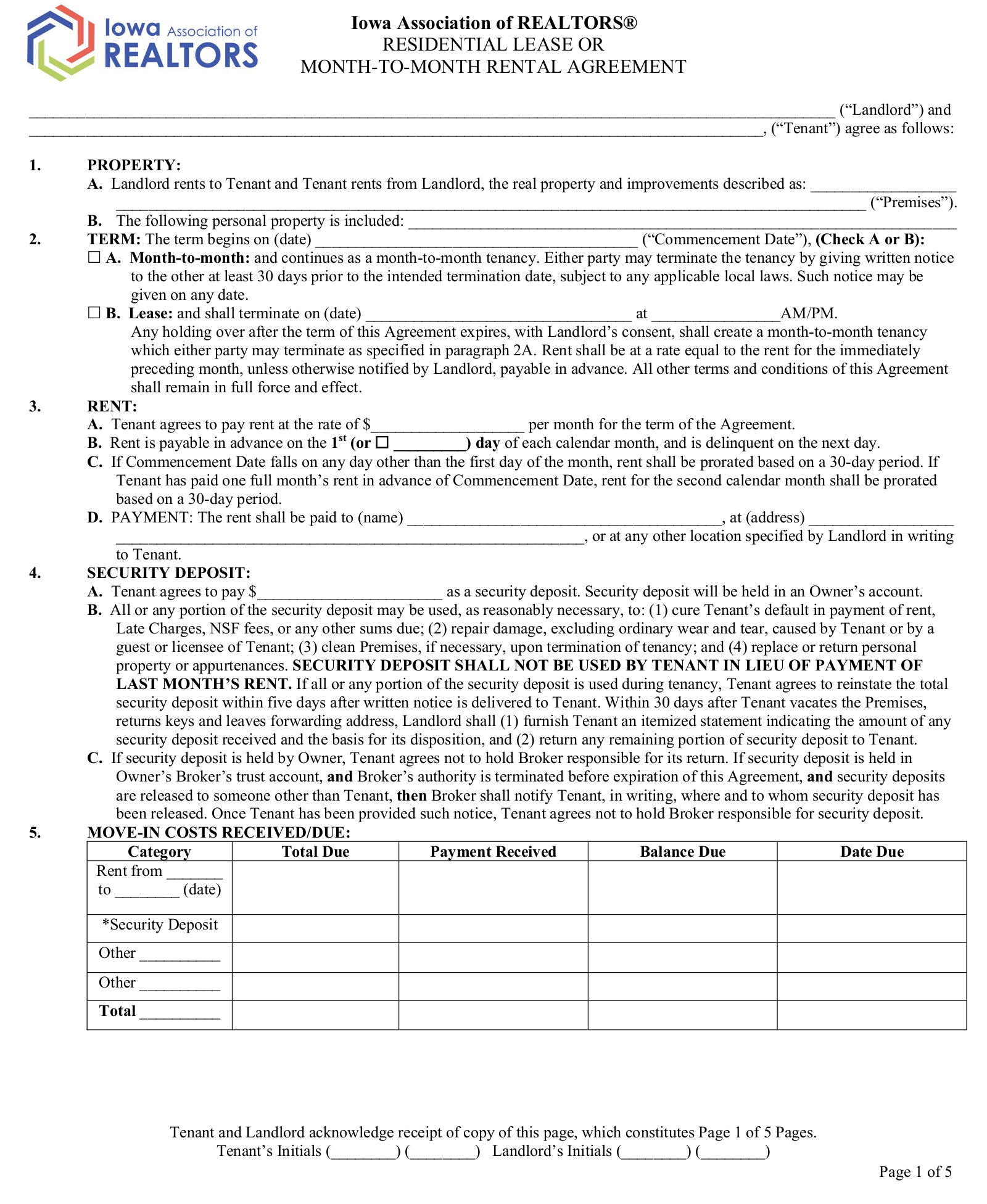 Iowa Association of Realtors Residential Lease Agreement
