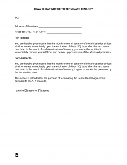 Iowa Lease Termination Letter Form | 30-Day Notice