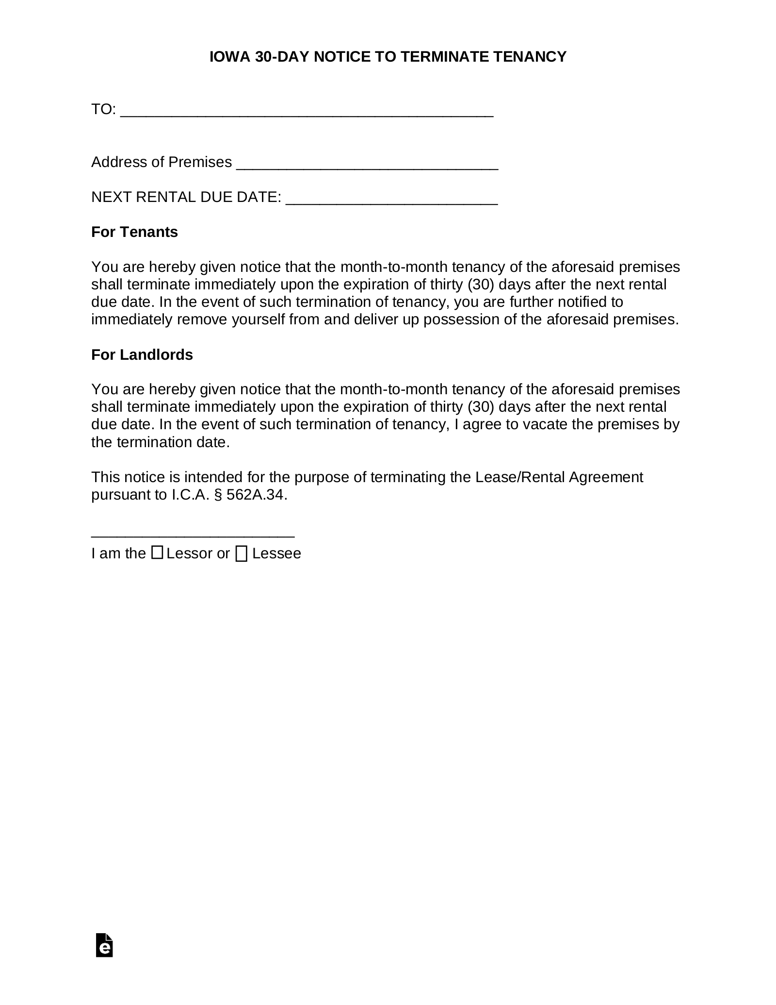 Thirty Days Notice Letter from eforms.com