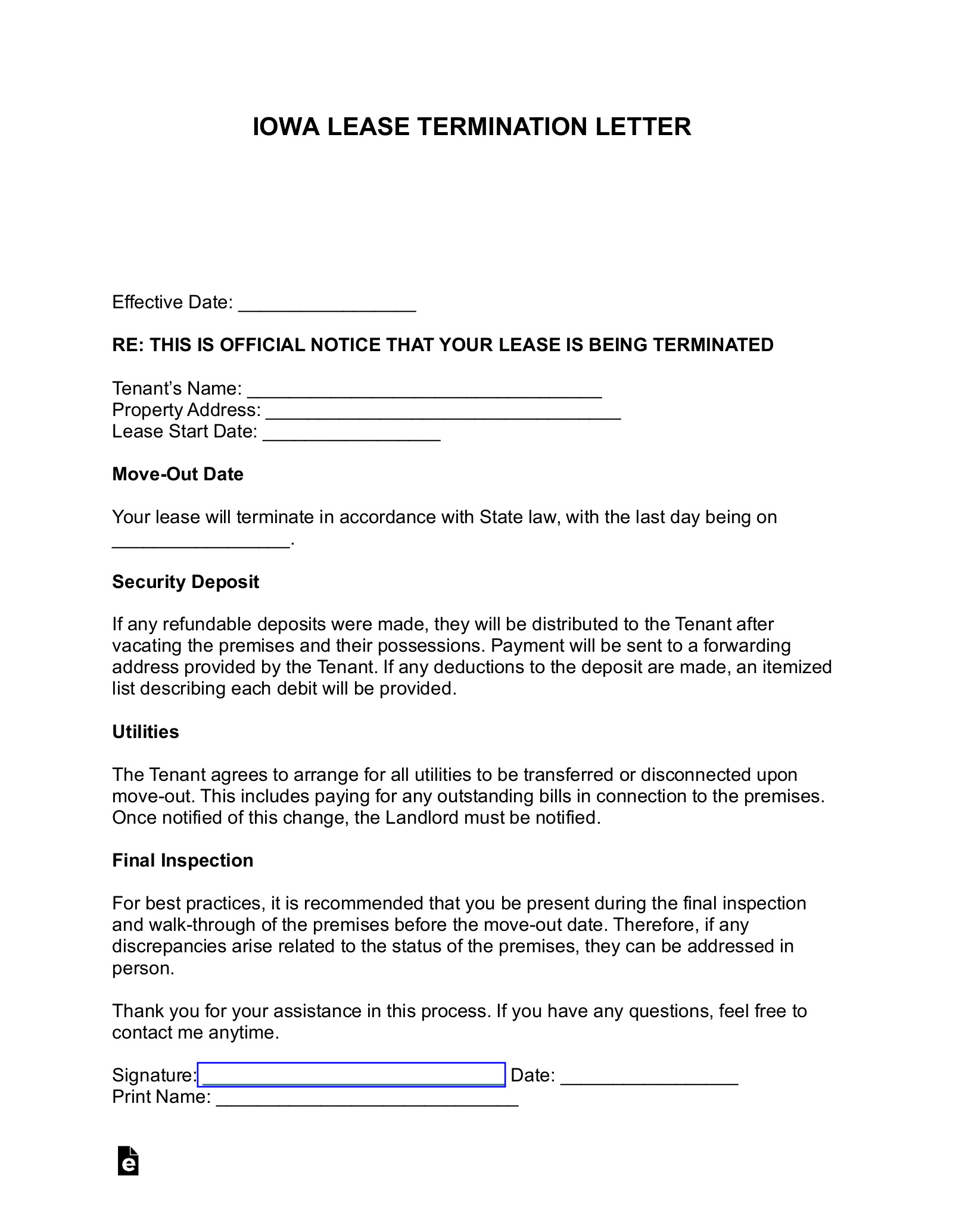 Free Iowa Lease Termination Letter Form  18-Day Notice - PDF