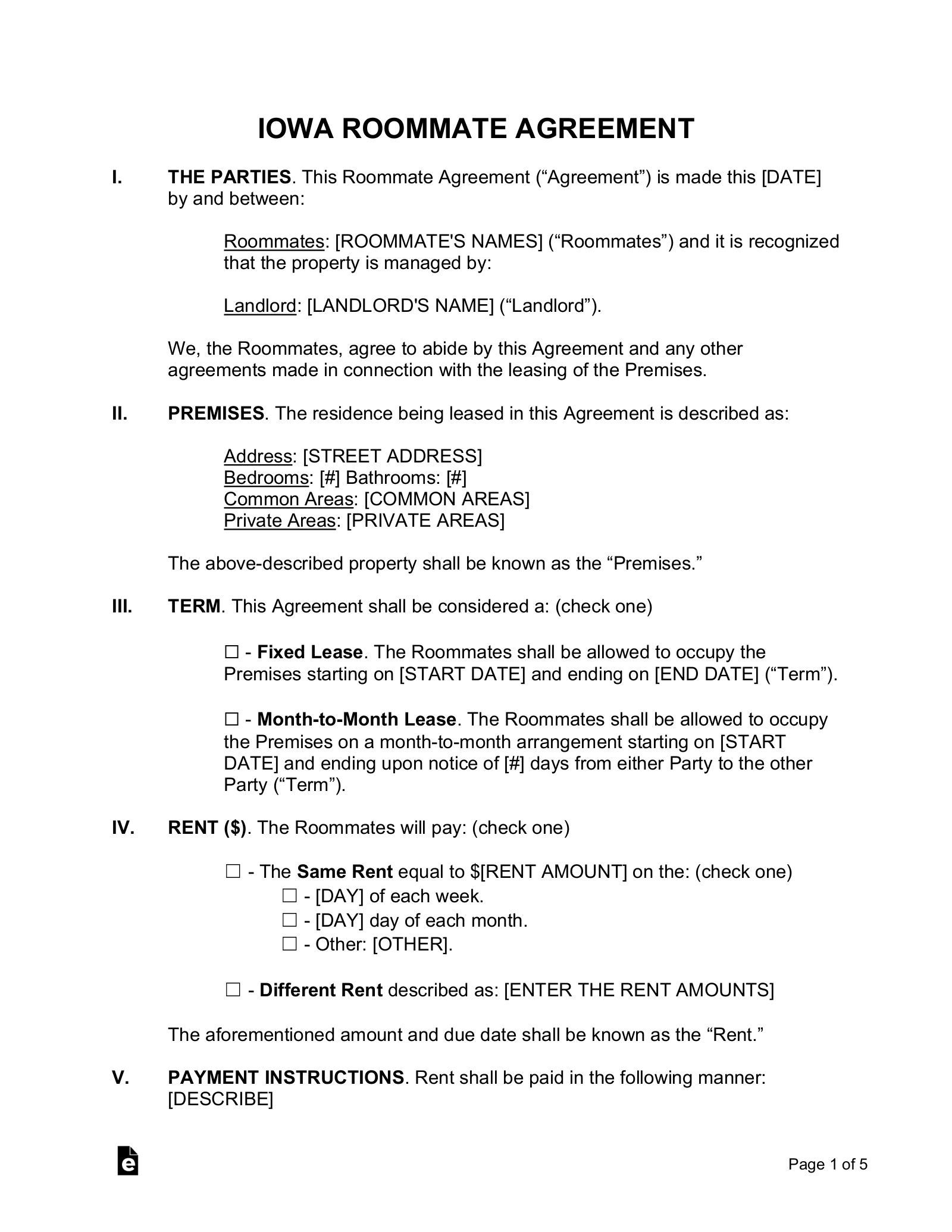 free iowa roommate room rental agreement form pdf word eforms