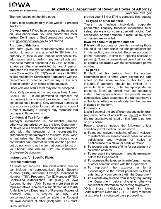 Iowa Tax Power of Attorney Form 2848
