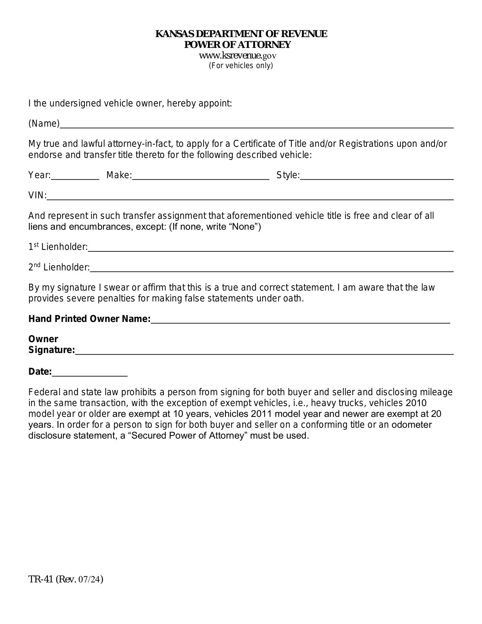 Kansas Vehicle Power of Attorney Form