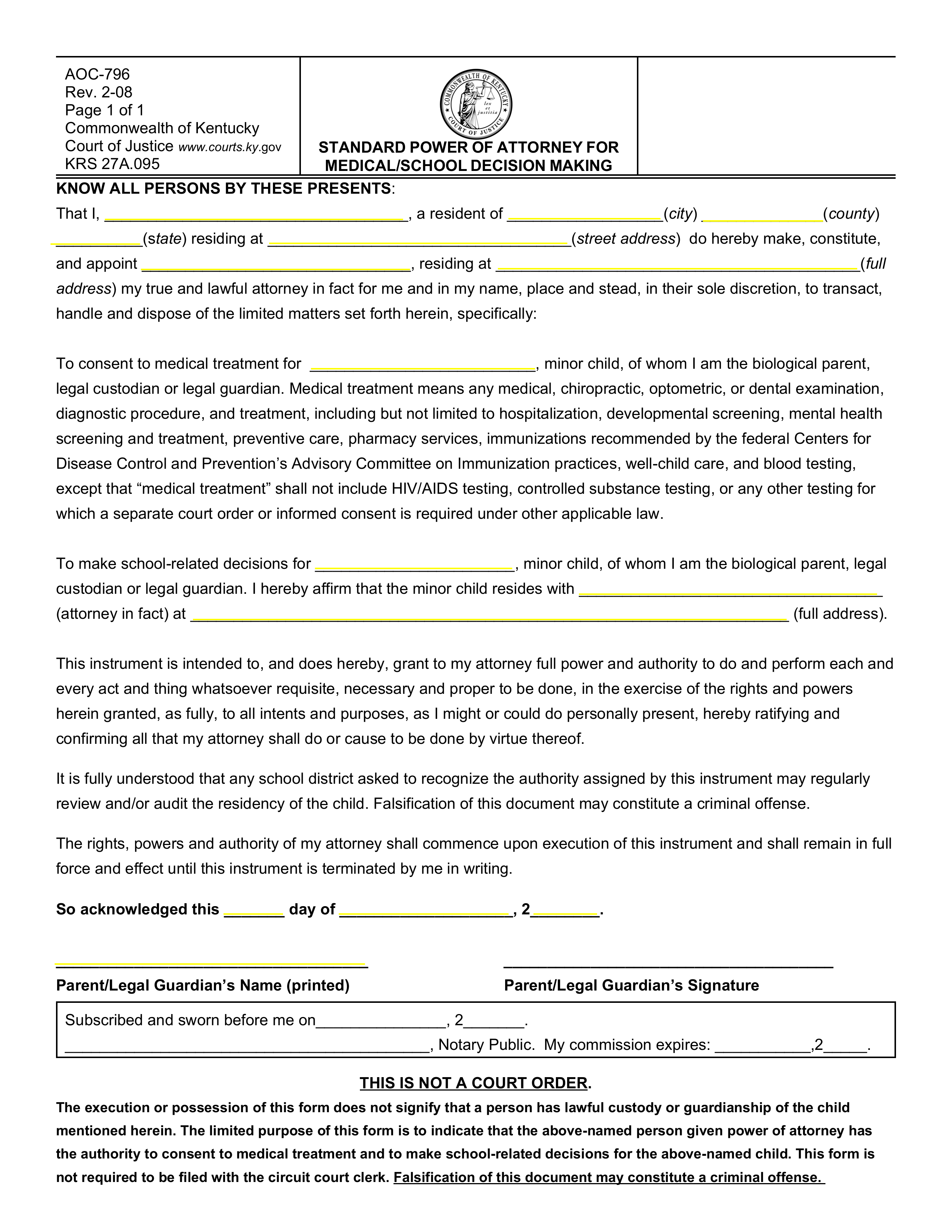 Free Kentucky Power Of Attorney For Minor Child Form AOC 796 PDF 