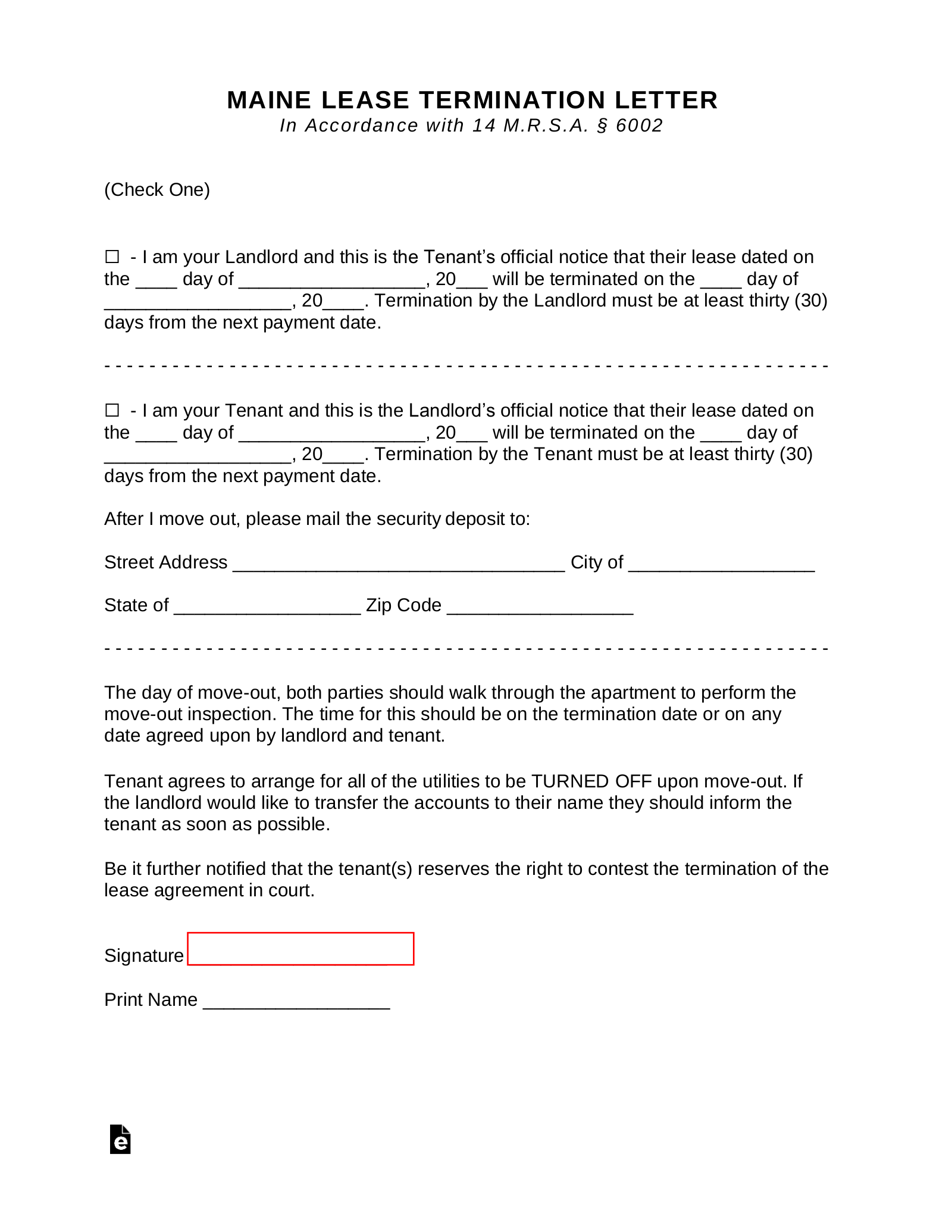 Maine Lease Termination Letter Form | 30-Day Notice