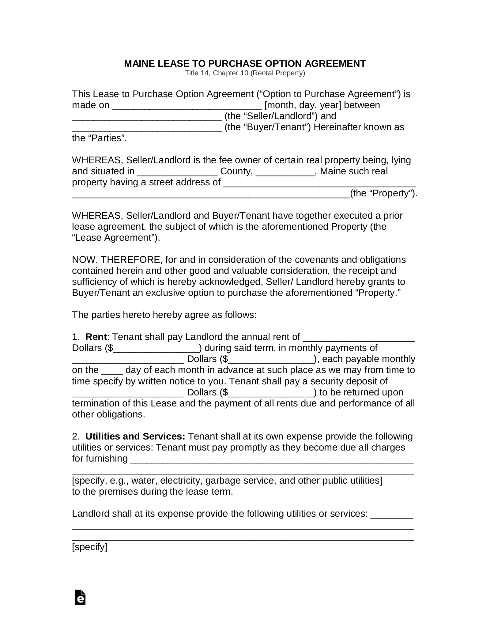 Maine Rent-to-Own Lease Agreement