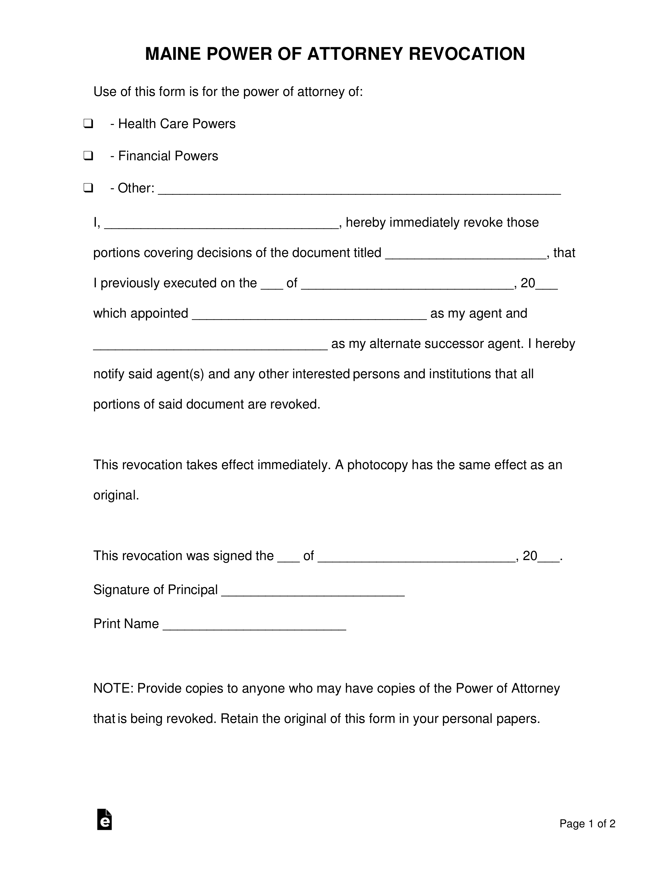 Free Maine Revocation Power of Attorney Form PDF Word