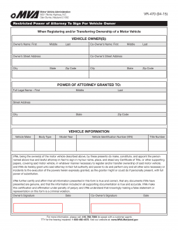 Maryland Motor Vehicle Power of Attorney (Form VR-470)