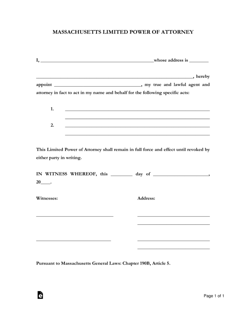 Free Massachusetts Limited Power Of Attorney Form Pdf Word Eforms 