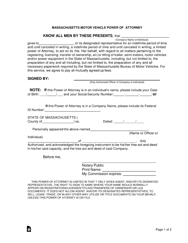 Free Massachusetts Motor Vehicle Power Of Attorney Form Pdf Word 