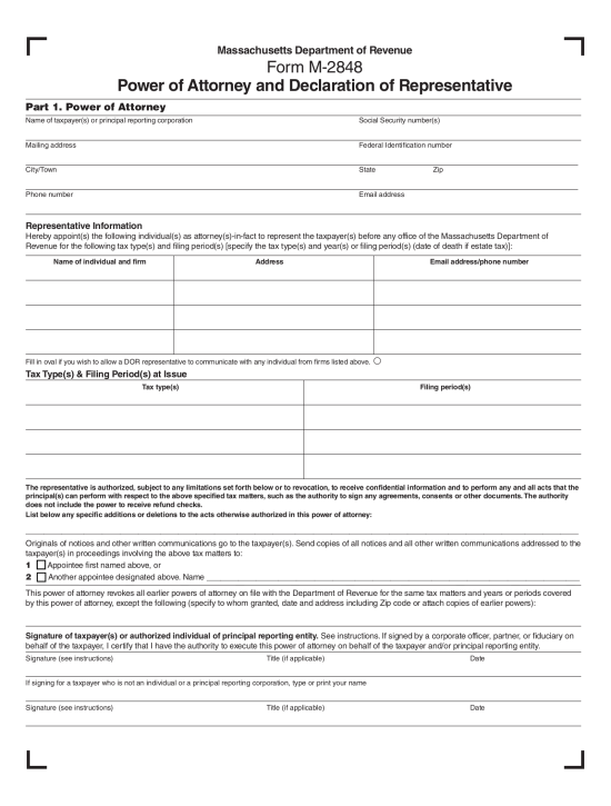Massachusetts Tax Power of Attorney Form (M-2848)