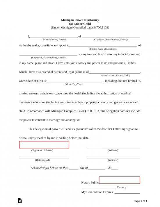 Free Michigan Power Of Attorney For Minor Child Form PDF Word EForms