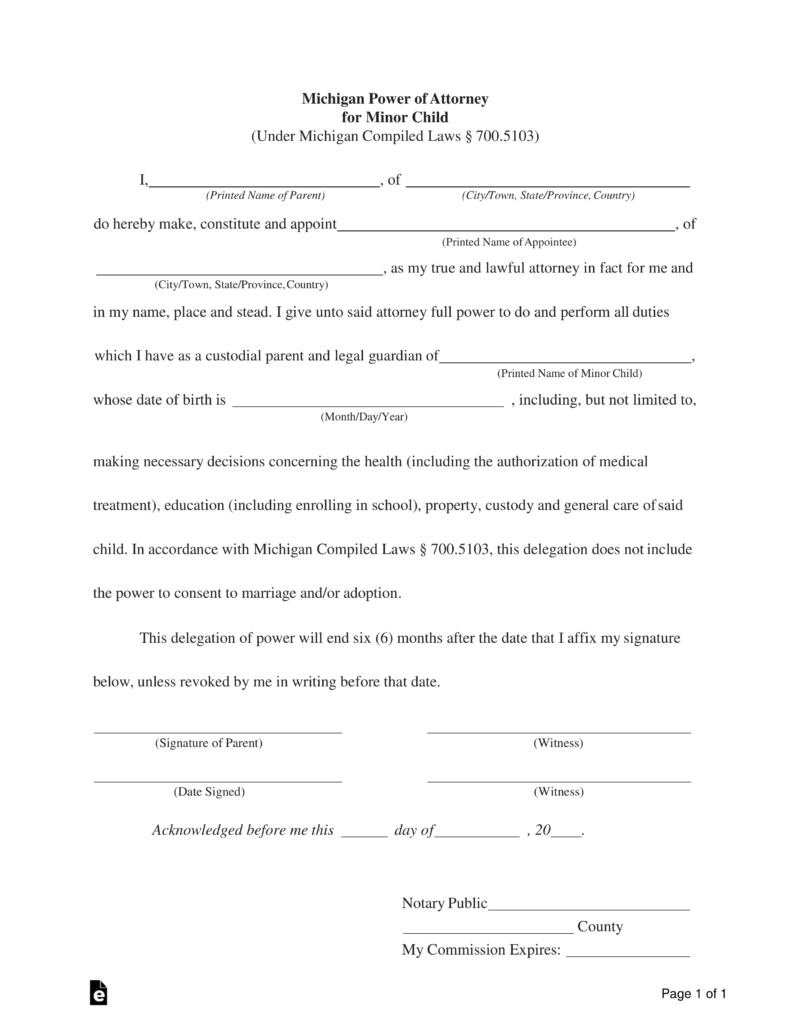 Free Michigan Power of Attorney for Minor Child Form PDF Word eForms