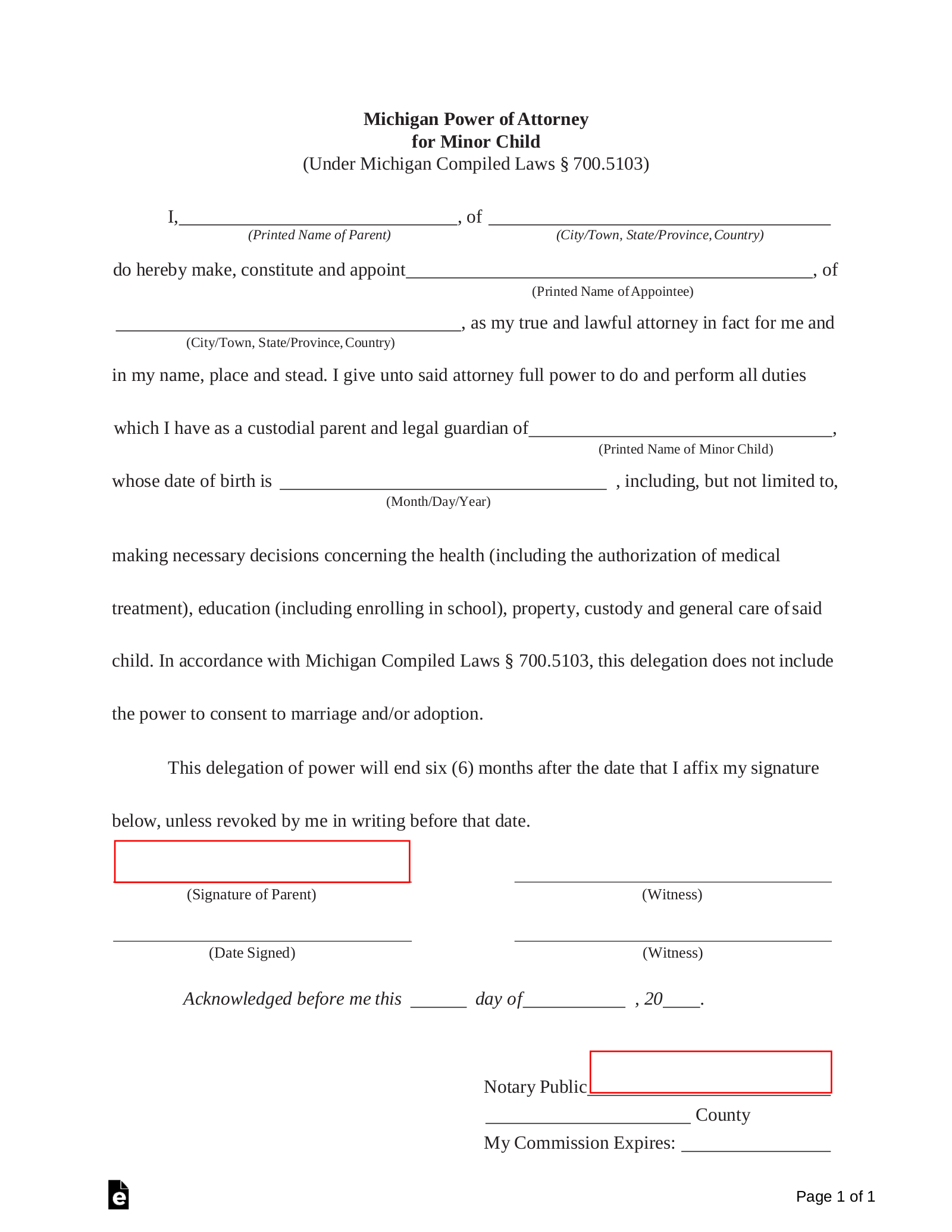 Free Michigan Power of Attorney for Minor Child Form - PDF | Word – eForms