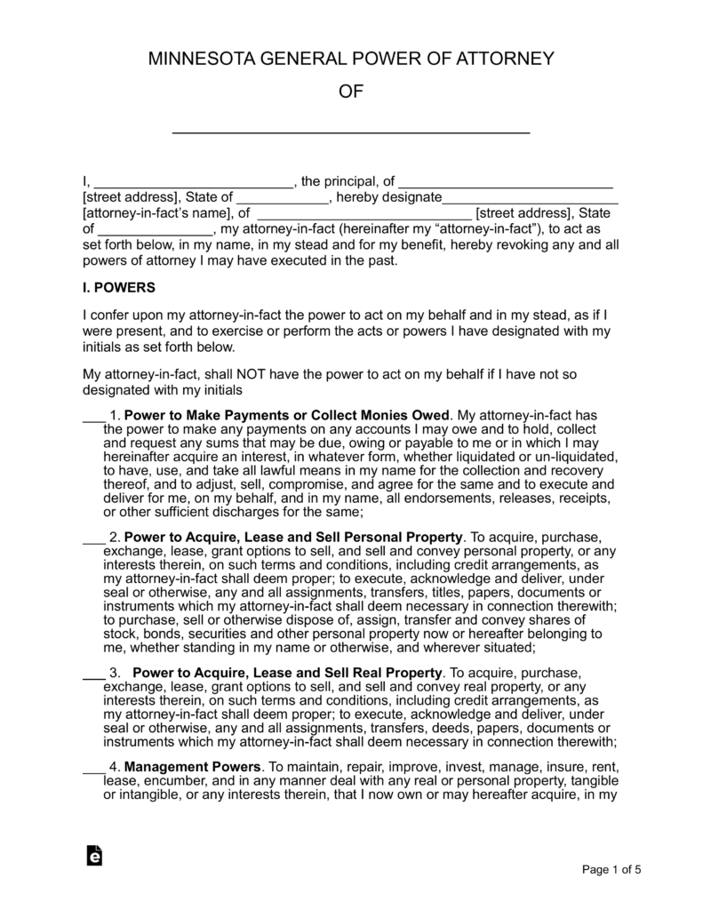 Free Minnesota General (Financial) Power of Attorney Form PDF Word