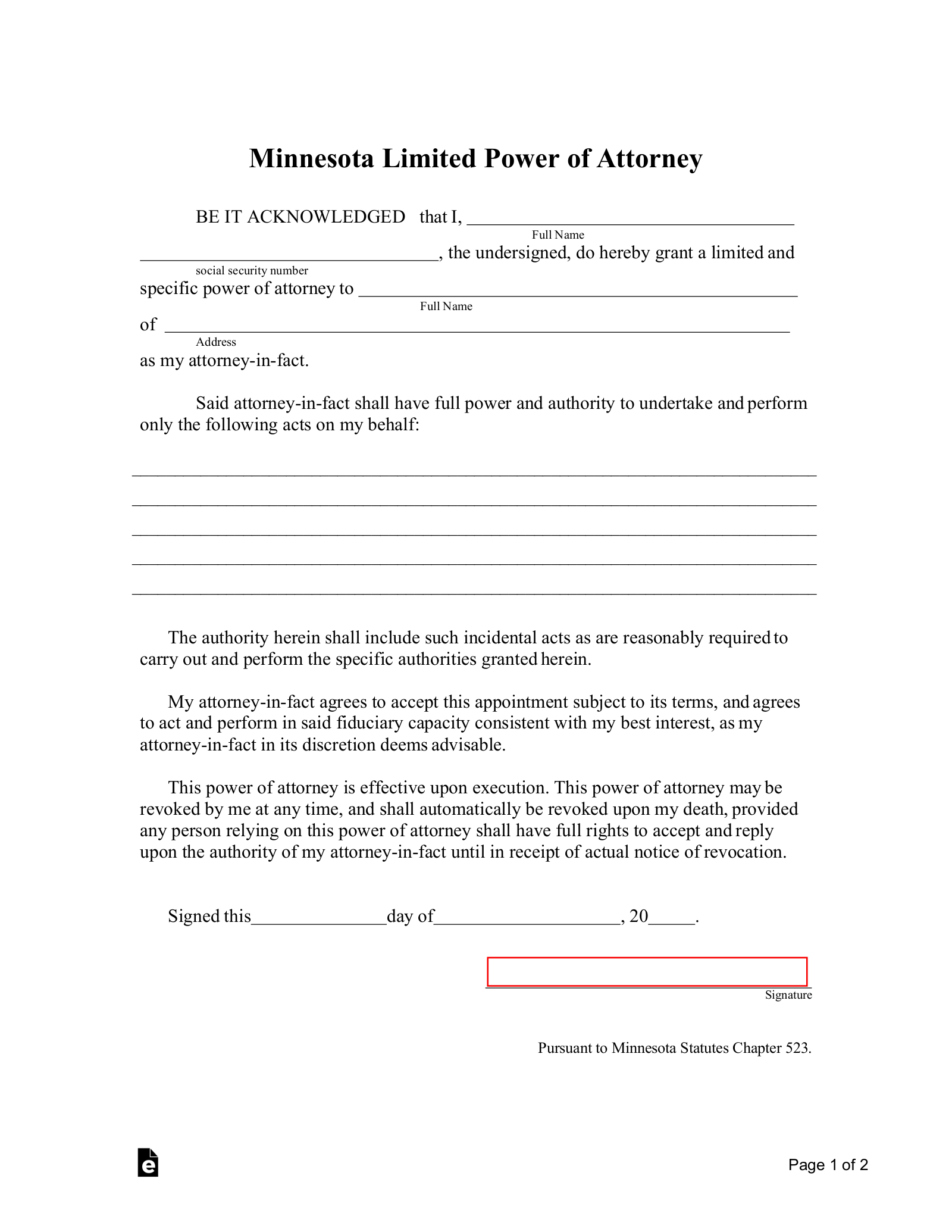 Minnesota Limited Power of Attorney Form