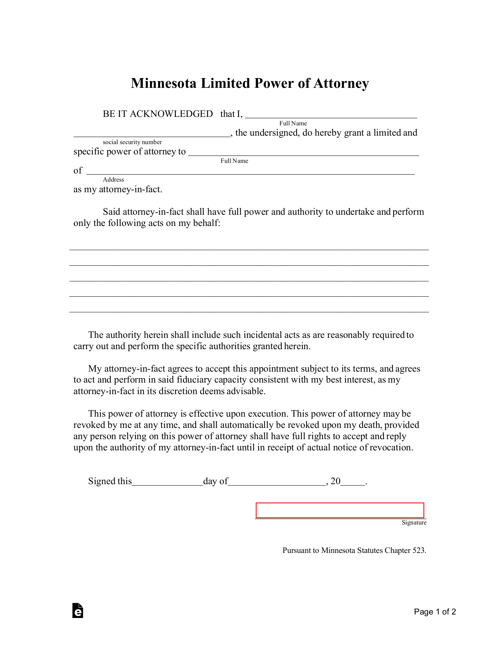 Free Minnesota Limited Power Of Attorney Form PDF Word EForms