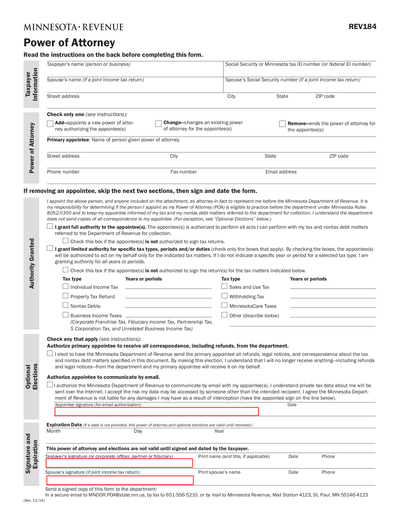 Minnesota Tax Power of Attorney Form (REV184)