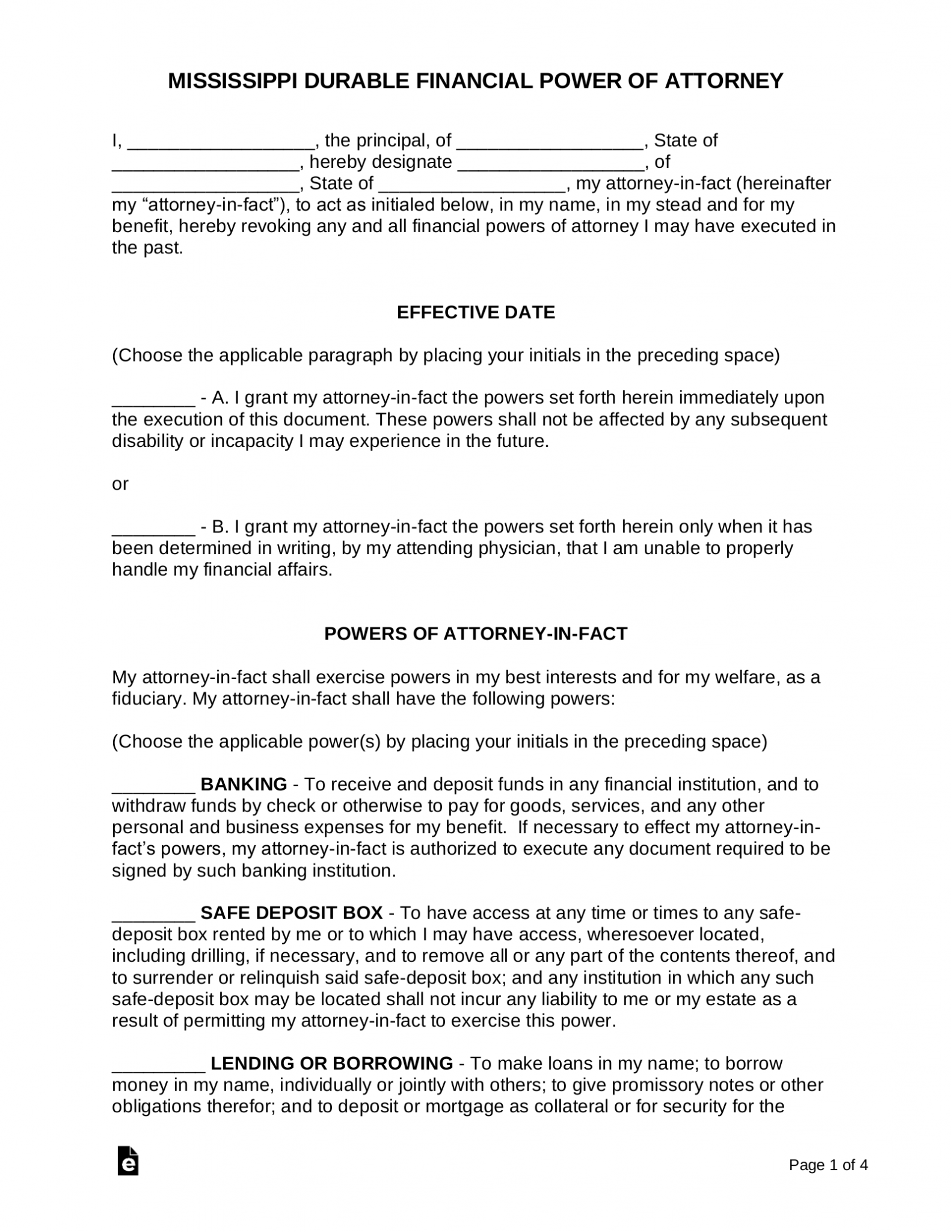 Free Mississippi Durable (Financial) Power of Attorney Form PDF