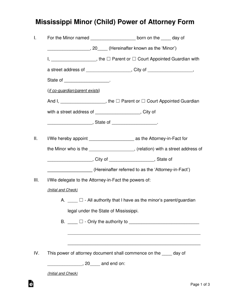 Free Mississippi Guardian Of A Minor Power Of Attorney Form PDF 