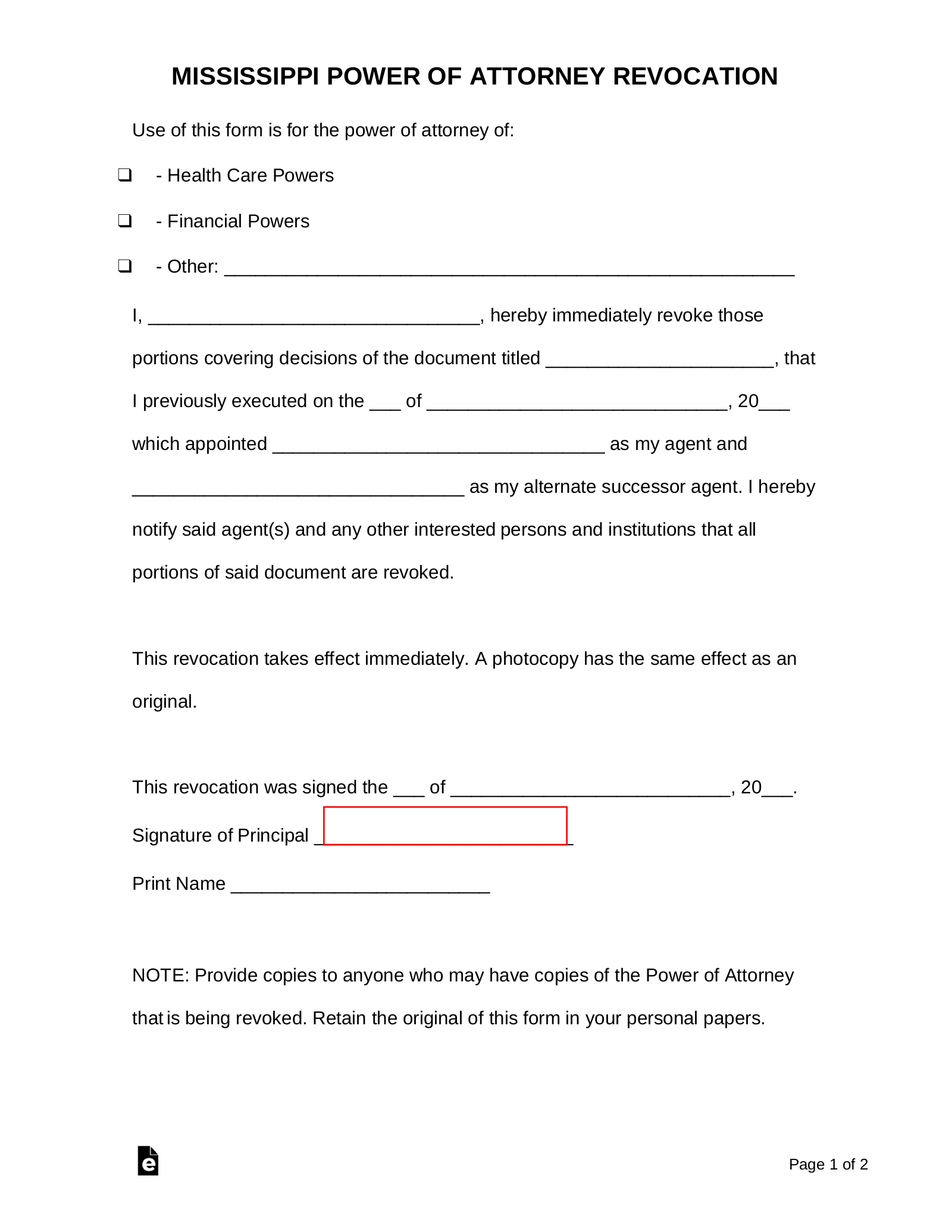 Free Mississippi Revocation Power Of Attorney Form Pdf Word Eforms
