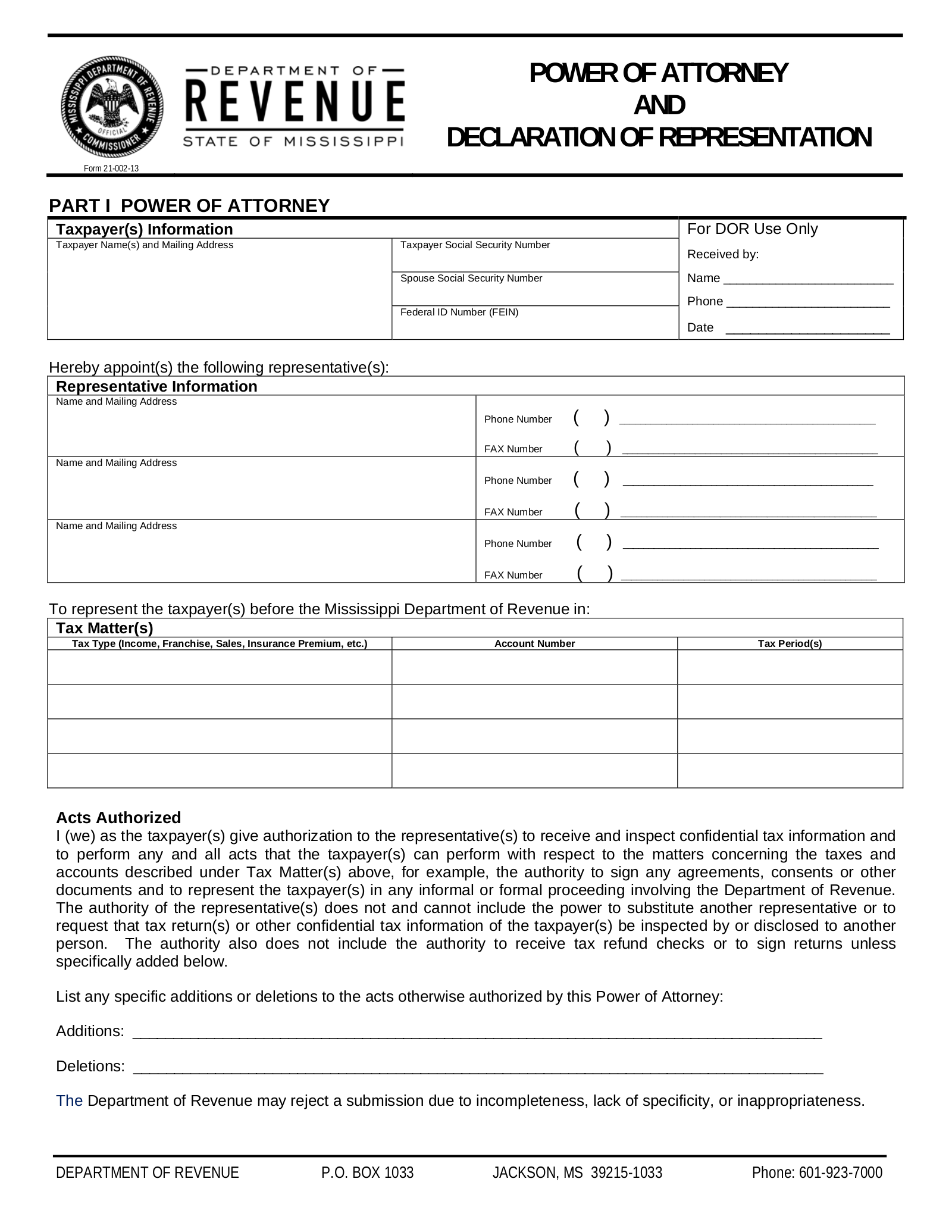 Mississippi Tax Power of Attorney (Form 21-002)