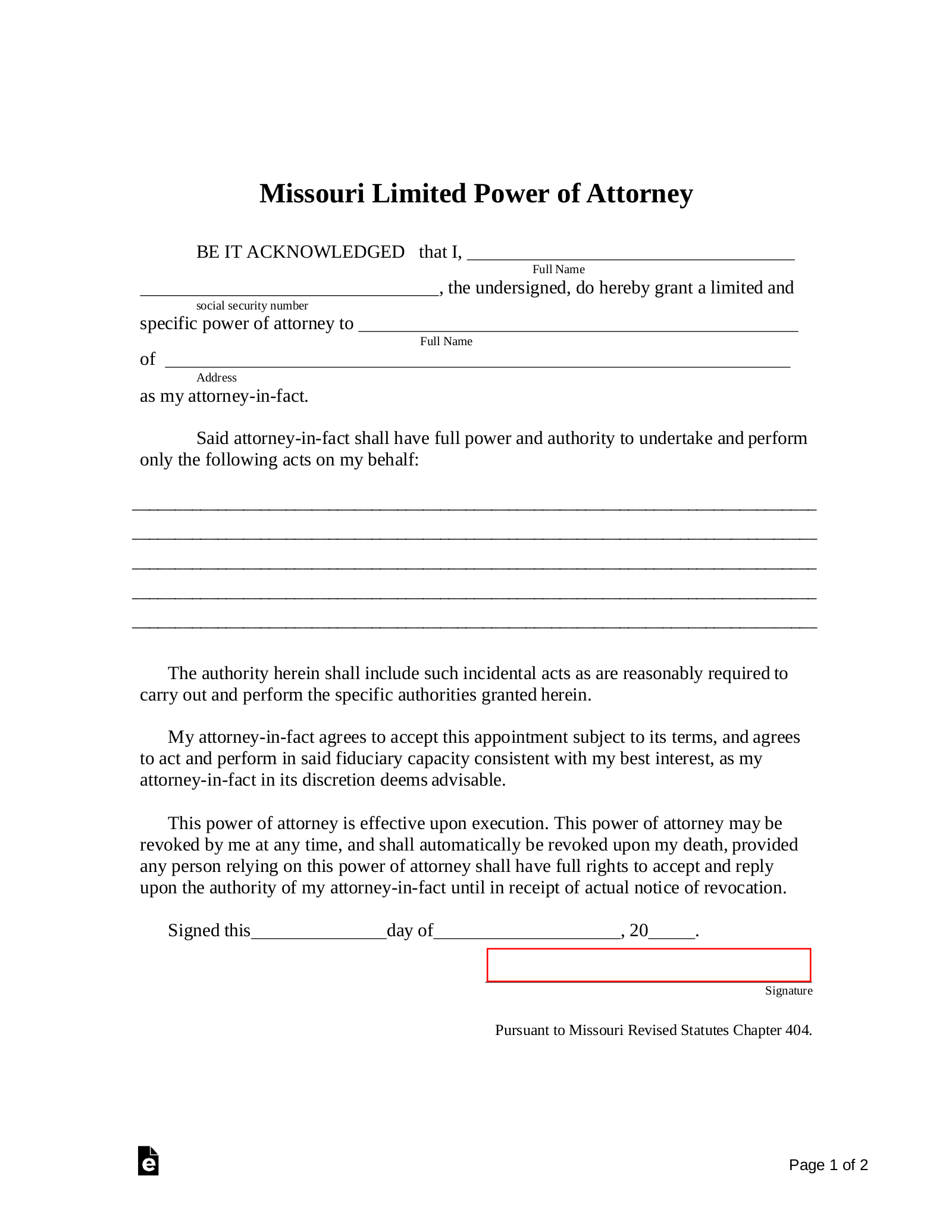 Missouri Limited Power of Attorney Form