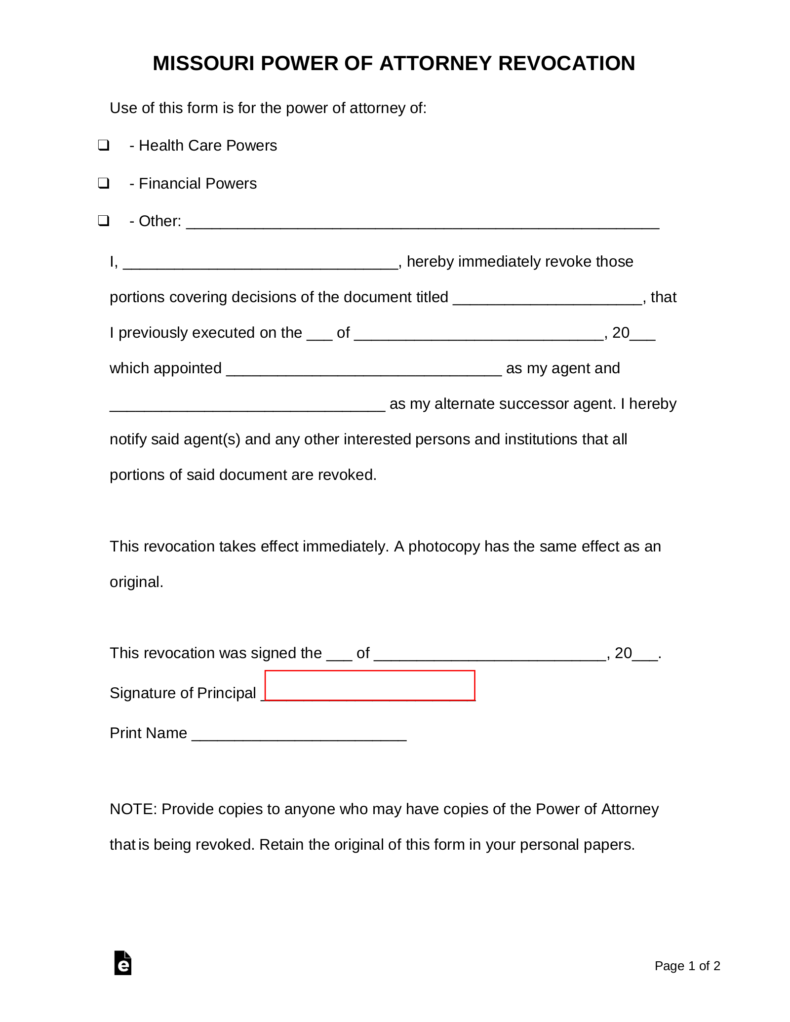 Missouri Revocation Power of Attorney Form