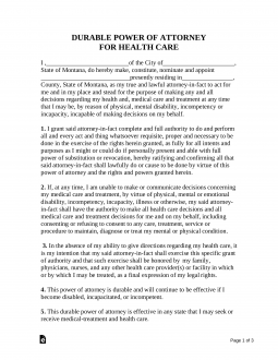 Free Montana Medical Power of Attorney Form, Durable POA for Health Care -  PDF