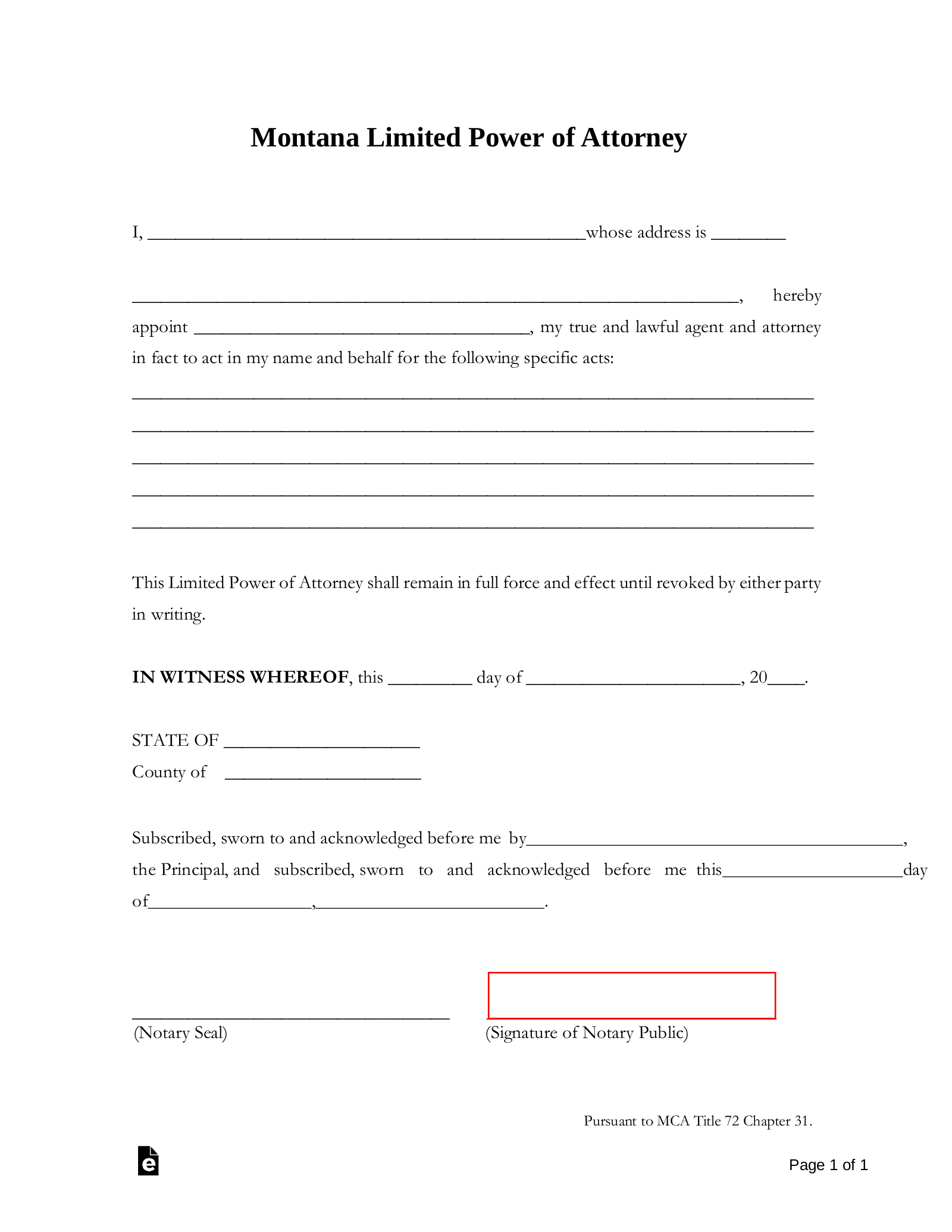 Montana Limited Power of Attorney Form