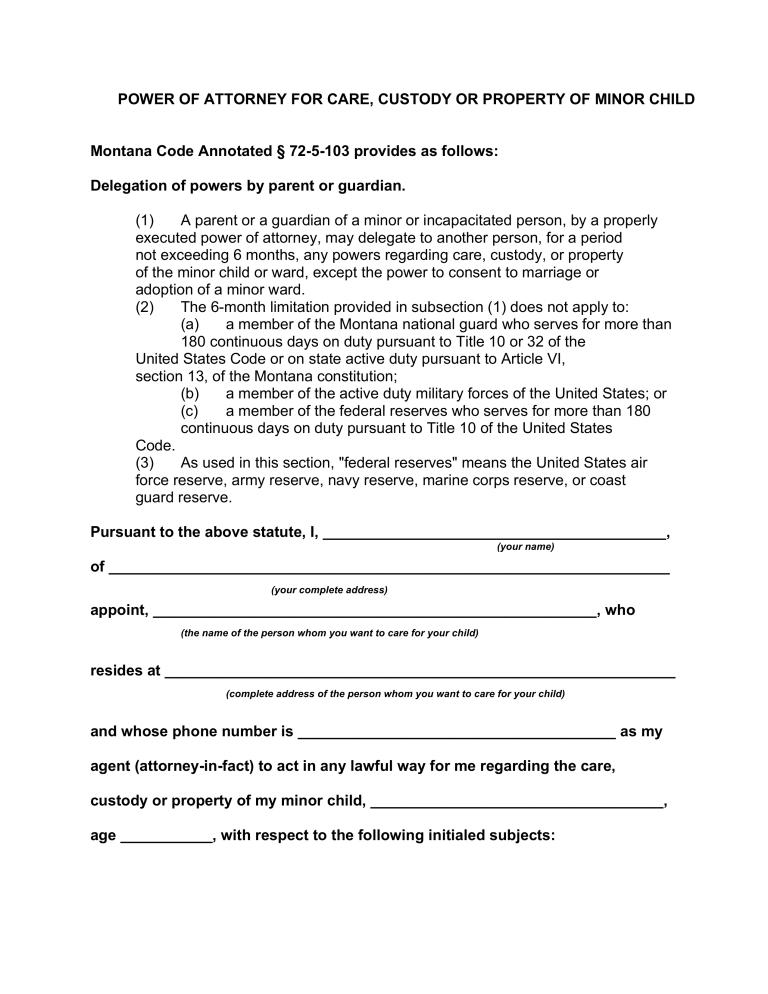 Free Montana Minor (Child) Power of Attorney Form PDF