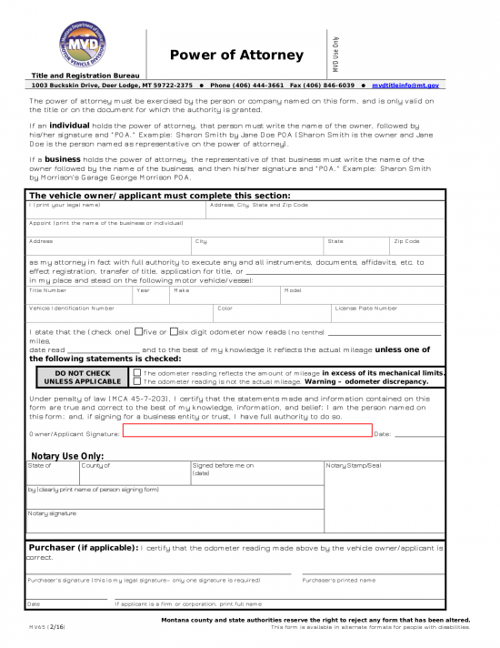 Free Montana Motor Vehicle Power of Attorney (Form MV65) - PDF – eForms