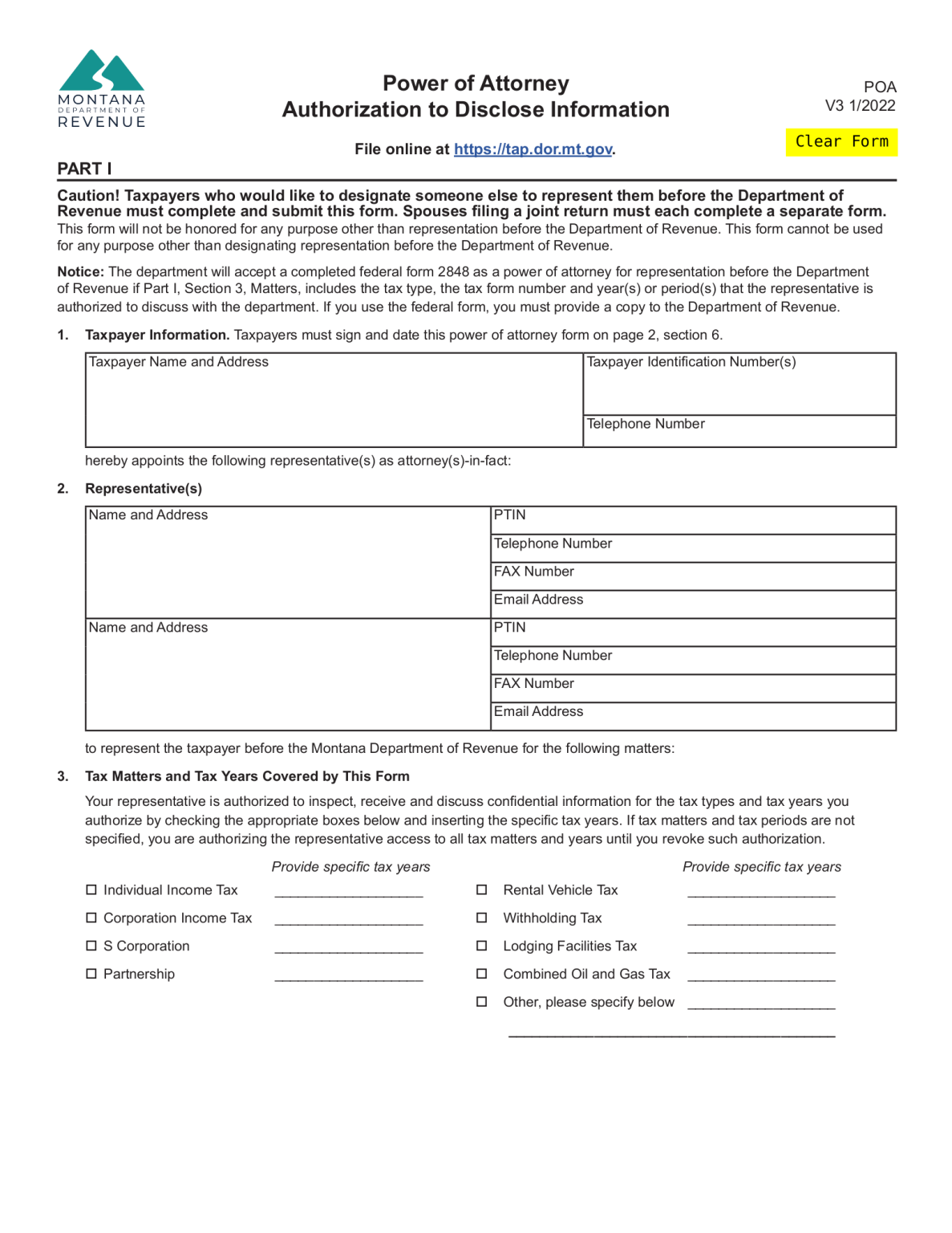 Free Montana Tax Power of Attorney Form (Dept. of Revenue) - PDF – eForms