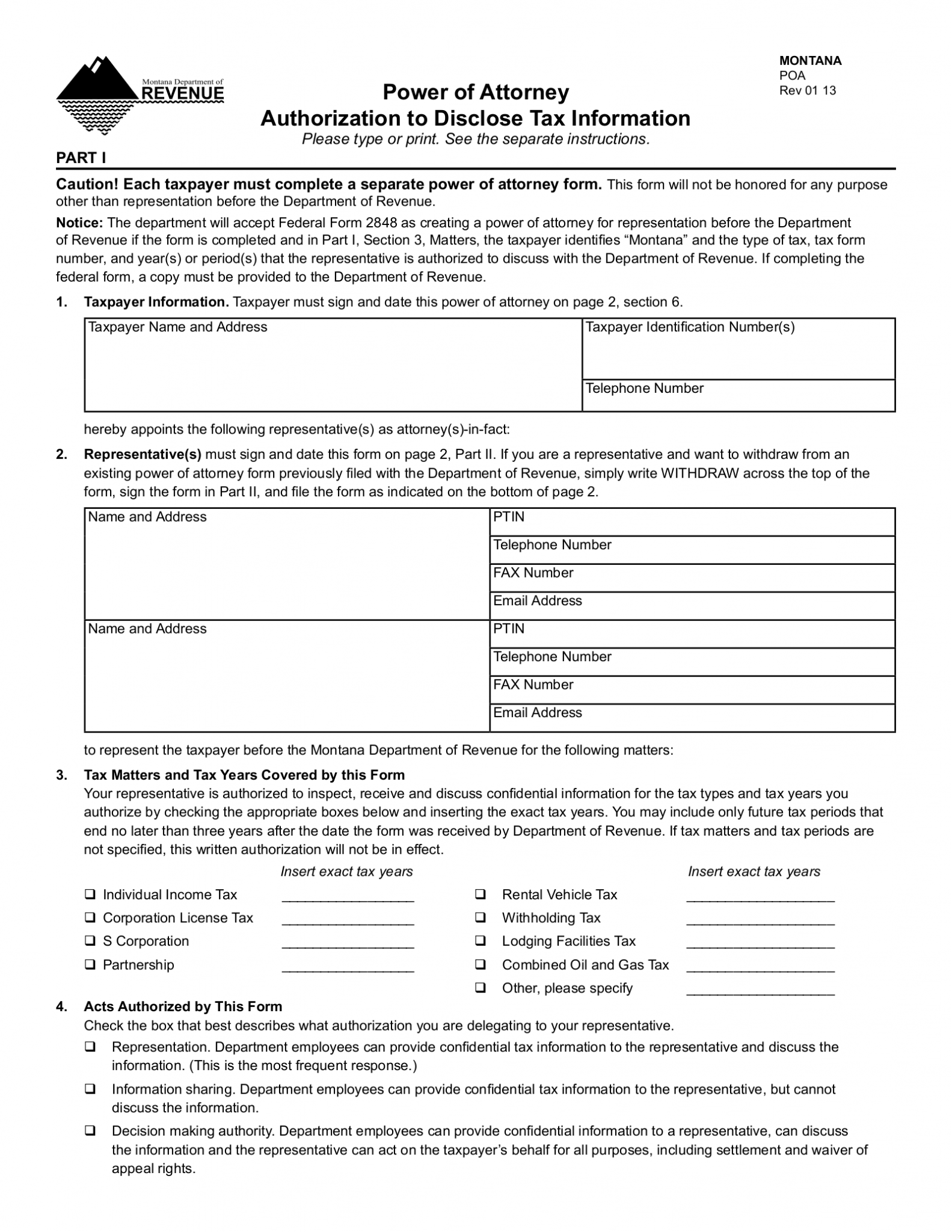 Free Montana Tax Power of Attorney Form (Dept. of Revenue) - PDF – eForms