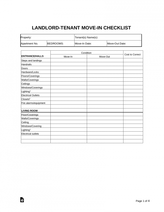 Free Movein / Moveout Checklist LandlordTenant Word PDF eForms