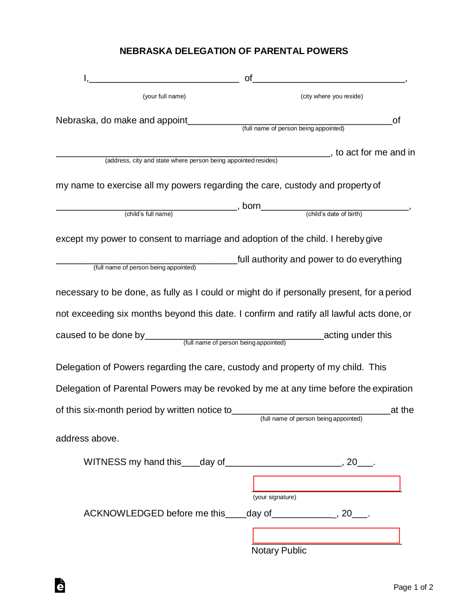 Free Nebraska Delegation of Parental (Minor Child) Power of Attorney Form PDF Word eForms