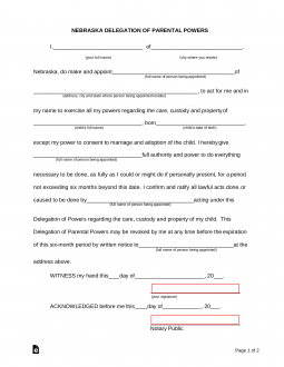 Nebraska Delegation of Parental (Minor Child) Power of Attorney Form