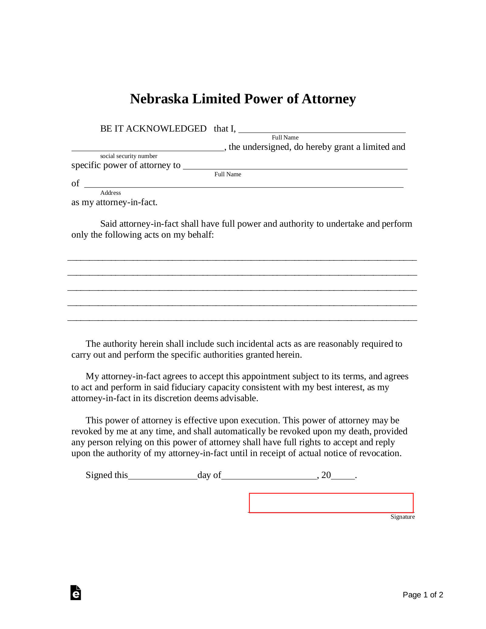 Nebraska Limited Power of Attorney Form