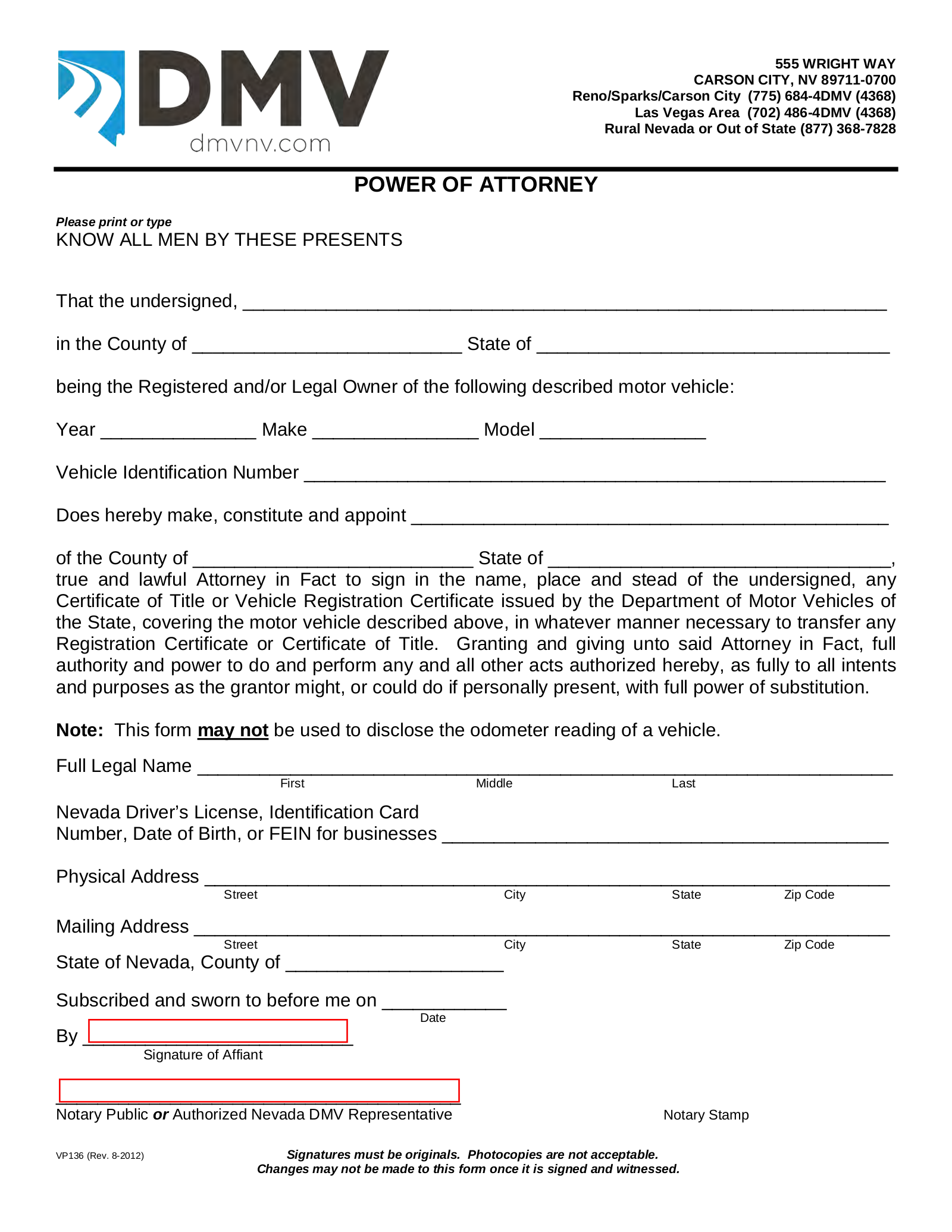 Free Nevada Motor Vehicle Power of Attorney Form (VP136) - PDF – eForms